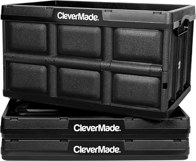 CleverMade Collapsible Storage Bins, 46L, 3 Pack, Obsidian | Each bin supports 75 lb for groceries, tools, or gear. Interlocking bases stack securely, and the bins fold to 2.75 inches.