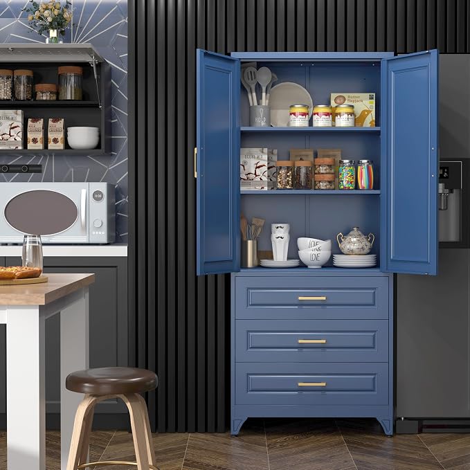 SteeLoong 75" Metal Storage Cabinet with Doors and 2 Adjustable Shelves | Kitchen Pantry Cabinet with 3 Drawers,Blue Kitchen Cabinet with 2 Gold Handles,Food Cupboard for Livingroom,Pantry, Bathroom