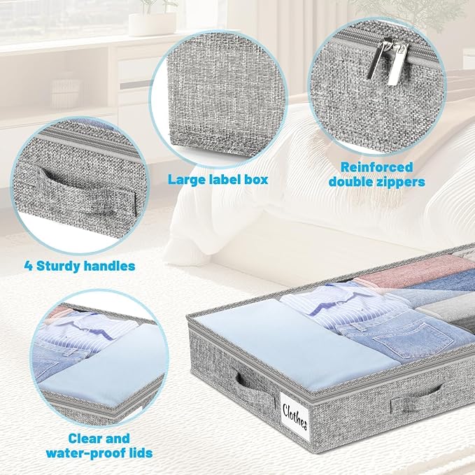 4 Inch Low Profile Under Bed Storage Drawer 2 Pack, Lightweight Underbed Clothes Storage Container Bins With NO STURCTURE, Shallow Storage Bag for Dorm & Home, With Clear Lids & Water-Resistant Fabric