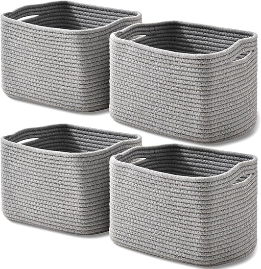 ICERZCZ Small Storage Baskets for Shelves Organizing, Woven Cotton Rope Baskets for Storage, Book Basket, Decorative Shelf Basket, 12.5"Lx9.1''Wx7.9''H (4 Packs) Grey