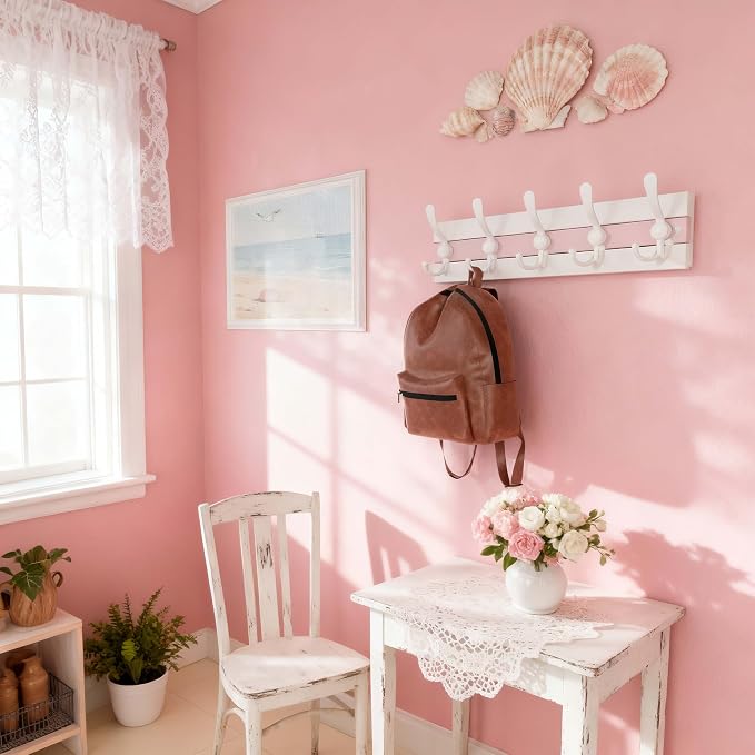 SKOLOO Coastal Wall Mounted Coat Rack-16.88" Beach House Entryway Wooden Coat Hook with 5 Hooks for Hanging Coats, Hats or Towels, Oceanfront Cottage Core Collection, White&Palm Beach Pink, Pack of 2