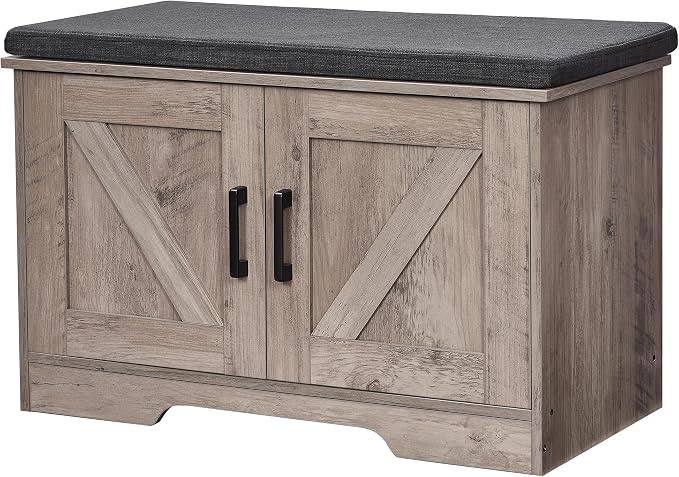 HOMSHO Farmhouse Shoe Storage Bench with 2 Barn Doors & Padded Seat Cushion | 27.6" Wide Entryway Bench with Adjustable Shelves & Hidden Storage, Greige