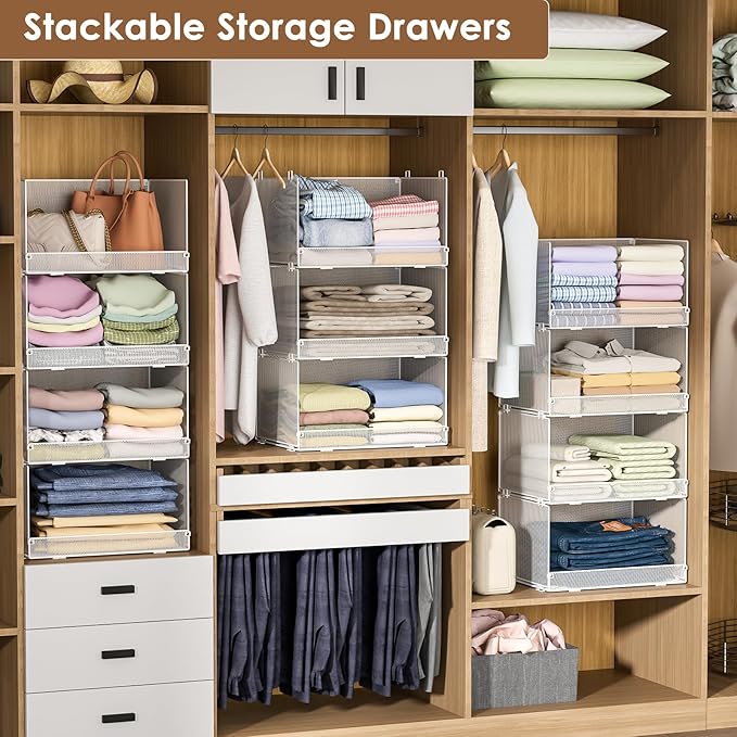 Tiaoheka 4-Tier Stackable Closet Organizers and Storage Shelves, Foldable Closet Shelf Organizer, Stackable Storage Bins Drawers for Closet Organizer System, White(Patent Pending)