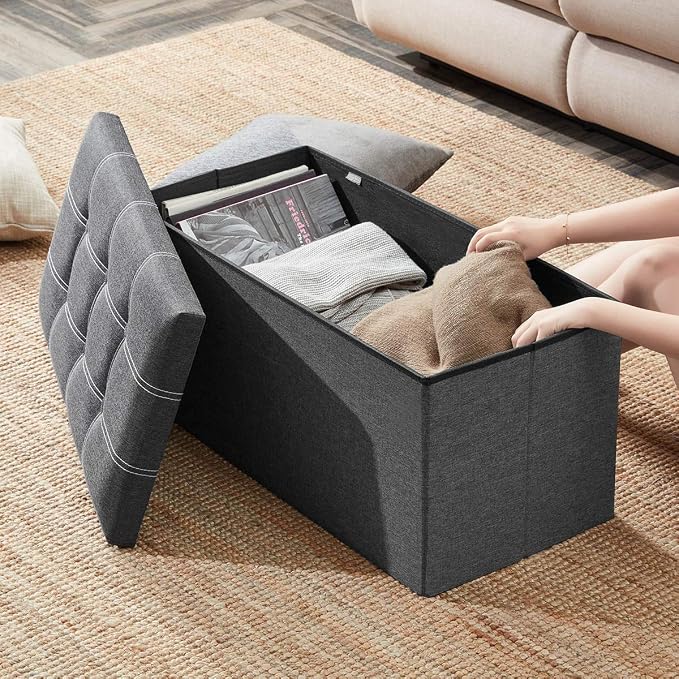 YOUDENOVA 30" Linen Ottoman with Storage, Folding Bench, Gray | Foldable linen ottoman with hidden storage, padded seat and sturdy frame for living room or bedroom.