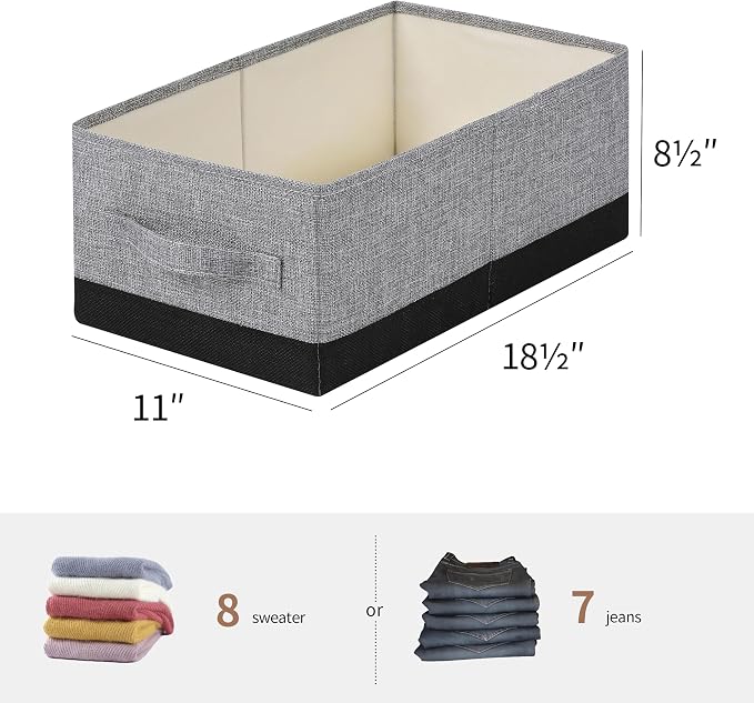 Linen Folding Storage Bins, 3 Pack Large Storage Baskets, Washable, Clothing Storage Bins with Handle, Closet Organizer for Storage Sweater,Sheets (gray black, 18½"x11 x8½)