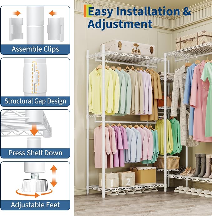 Heavy Duty Clothes Rack with Shelves, 71" H Freestanding Closet Organizer System, Large Capacity 3-Unit Metal Garment Rack L-shaped Combo for Hanging Clothes, Bedroom & Laundry Room, 85.4"L x 17.4"W
