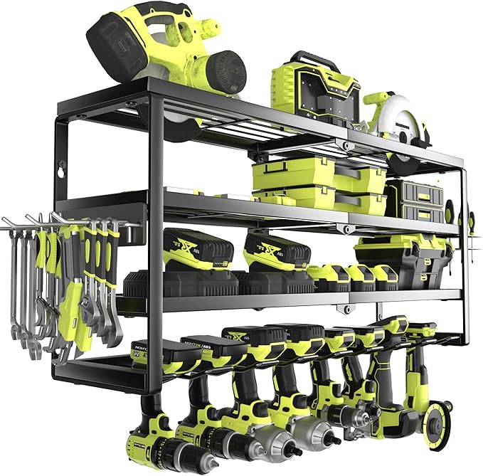 MOOMSINE 4 Layer Power Tool Organizer Wall Mount, Battery Tools Holder with Charging Station Shelf, Cordless Drill Hanger Storage Rack for Garage Organization, Workshop, Pegboard - 32 Inch 8 Slots