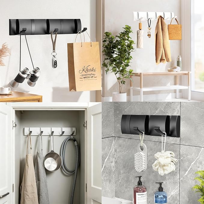Folding Coat Hooks, Wall Mounted Coat Rack with 5 Retractable Hooks, Heavy Duty Towel Rack for Bathroom Wall Hook for Hanging Clothes, Stainless Steel Coat Hanger for Entryway(White/Sliver)