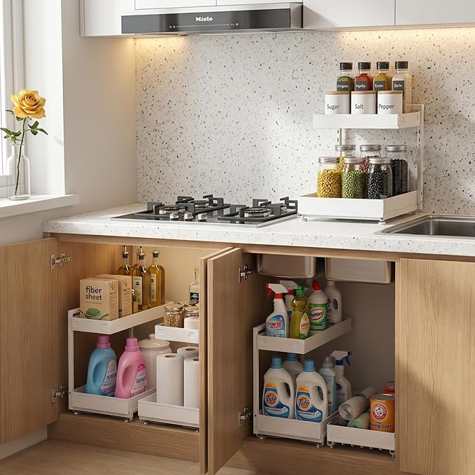 TATAANTY Under Sink Organizer 2 Pack, 2 Tier Metal Under the Sink Storage, Heavy Duty Slide out Pull out Cabinet Organizer, Height Adjustable for Kitchen Bathroom Pantry Closet Organization Rack