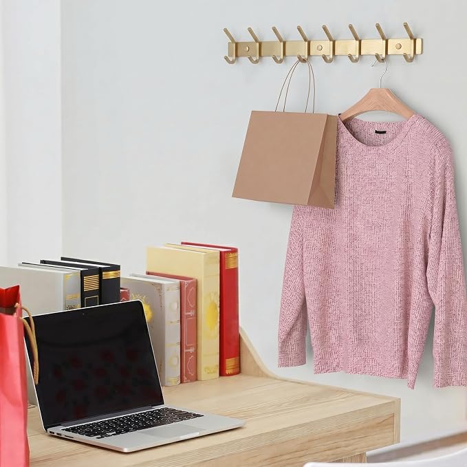 Brushed Gold Wall Mounted Coat Rack – 24 Inch Stainless Steel Rail with 8 Double Coat Hooks for Entryway, Bathroom, Bedroom, Kitchen – Modern Gold Hook Rack for Coats, Hats, Towels