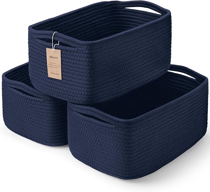 3-Pack Storage Baskets for Organizing | Woven Shelf Toy Basket | Rope Baskets for Gifts Empty | Closet Organizer Bins with Handles | Cube Decorative Box | 13.7×7.1×6.7” | Navy Blue