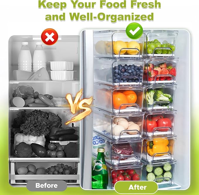 4-Pack Refrigerator Drawer Organizer Bins, Clear Stackable Pull Out Fridge Organizers and Storage Container, with Strainer Layer for Fruits, Vegetables, Drinks, Snack and Food