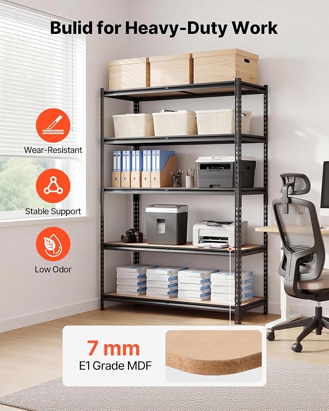 VEVOR Storage Shelves, 5-Tier Adjustable, 3000 lbs Capacity Heavy Duty | Storage Shelving Unit, Metal Utility Rack Shelf, Ideal for Garage Workshop Warehouse Basement, 48.35" W x 24.37" D x 71.38" H