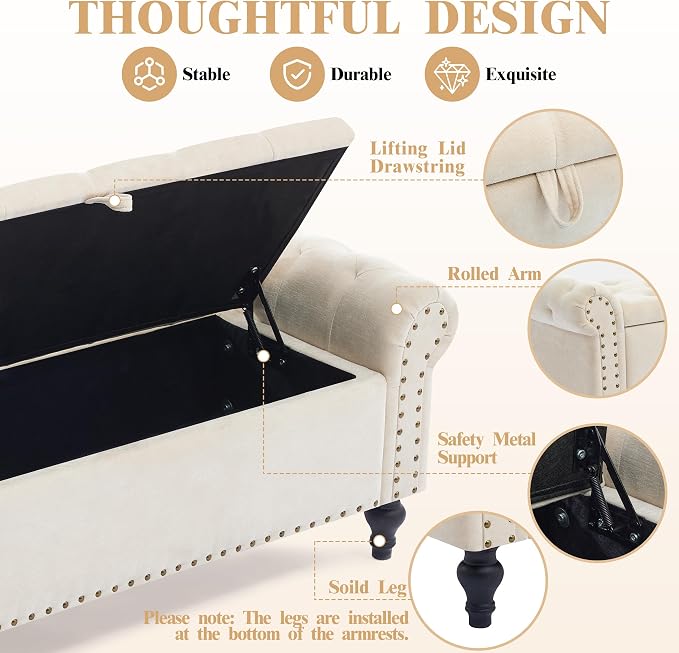 51" Storage Bench for Bedroom, Upholstered Ottoman Bench, Chenille Beige | End of Bed Bench for Bedroom, Window Benches for Living Room, Entryway, Ottoman with Large Storage Space, Pet Friendly