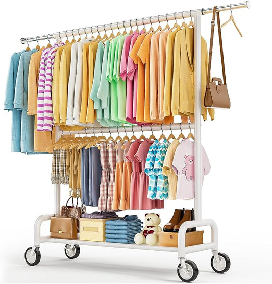 Heavy Duty Clothes Rack Load 860LBS, Double Rods Rolling Clothing Racks for Hanging Clothes, Rolling Garment Rack With Sturdy Wheels Shelves, Portable & Adjustable Commercial Garment Rack, White