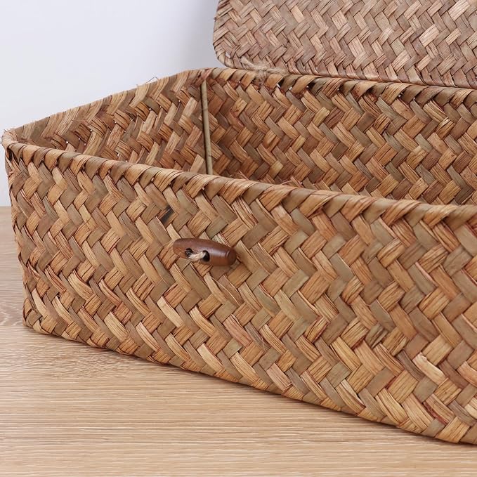 FEIALNDUO Wicker Shelf Baskets with Lid,Seagrass Storage Basket Bins Rectangular Handwoven Basket Boxes for Shelves Desktop Home Organizer (Coffee, Small)