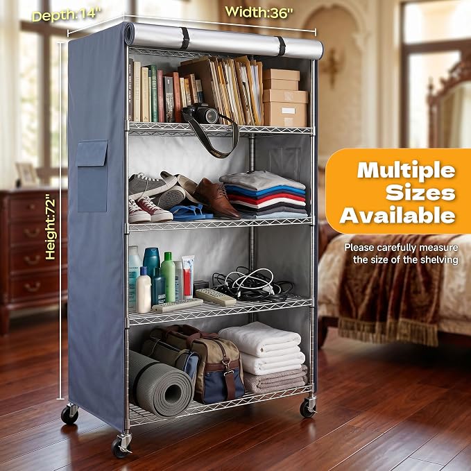 Shelf Cover for Storage Racks, Fits 36"W x 14"D x 72"H Shelving Unit | 600D Waterproof Dustproof Shelving Cover with Dual Side Zippers for Rack in Pantry, Garage, Basement, Closet (No Shelves)