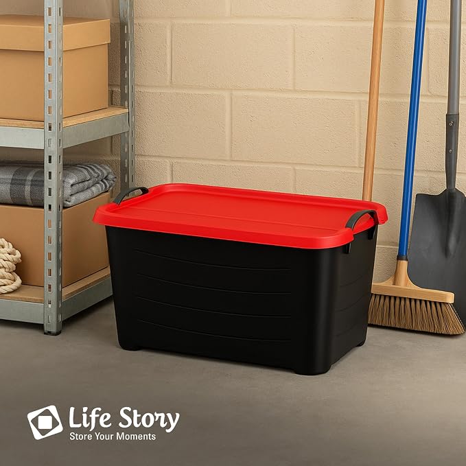 Life Story 6 Pack Heavy Duty Stackable Storage Bin, 55 Quart Home Organizer, Versatile Lightweight Locking Bins with Carrying Handles, Black/Red