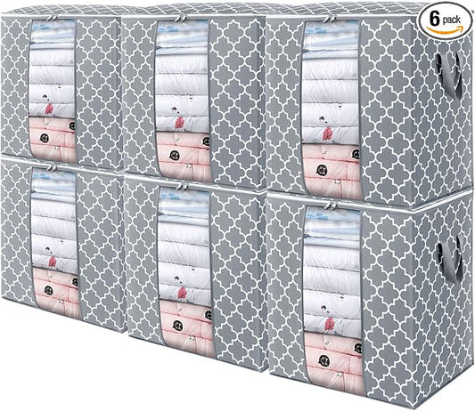 WISELIFE Storage Bags 6 Pack/100L Large Blanket Clothes Organization and Storage Containers for Comforters,Bedding, Foldable Organizer with Reinforced Handle, Clear Window, Sturdy Zippers,Light Gray