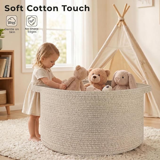 OIAHOMY 90L Extra Large Blanket Basket - Decorative Cotton Rope Storage Basket for Bedroom, Living Room & Nursery - Woven Laundry Hamper for Organizing Blankets, Clothes & Toys - Brown