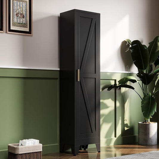 67“H Metal Narrow Kitchen Pantry Cabinet,Black Skinny Pantry Cabinet,Tall Narrow Bathroom Storage Cabinet with Adjustable Shelves,Slim and Thin Pantry Cabinets for Living Room Dining Room