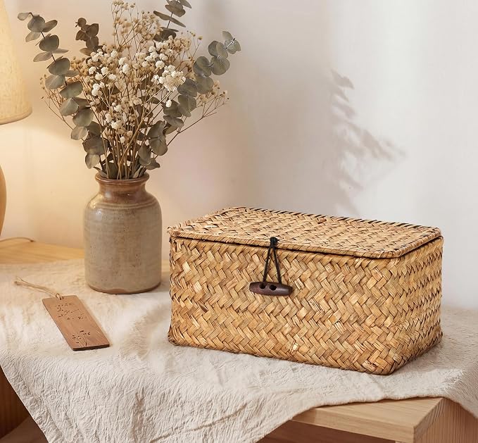 Hipiwe Small Seagrass Wicker Box with Lid Decorative Shelf Basket Bin | Handwoven Basket Storage Boxes for Home Decor, Multipurpose Desktop Organizer, Caramel 7.0" x 4.3" x 3.3"