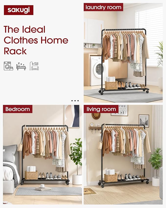 Sakugi Clothes Rack - Clothing Rack with Storage Mesh Shelf & Casters, Heavy-Duty Metal Clothing Rack for Hanging Clothes, Dresses, Coats, Large Load Capacity, Easy Assembly, Black, 44.3"x16.9"x59.0"