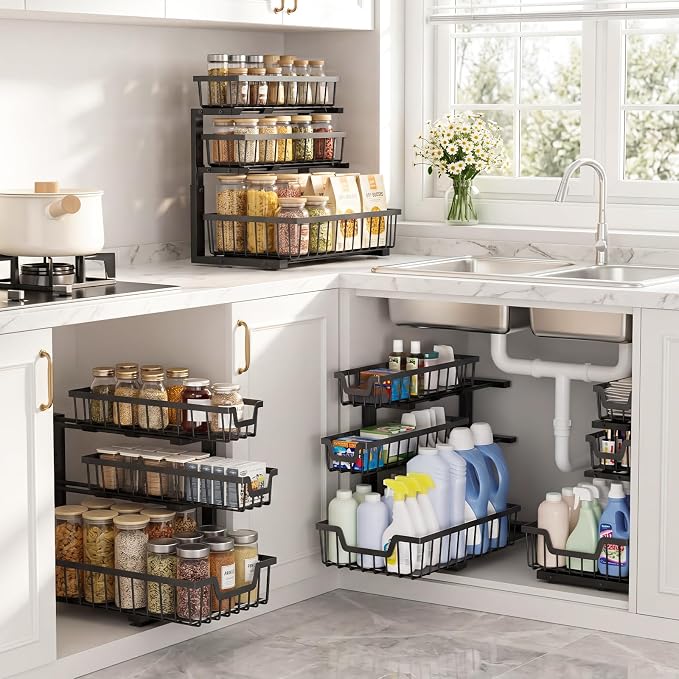 Under Sink Organizer, 2-Pack 3-Tier Height Adjustable Thickened Metal Pull out Cabinet Organizer Shelf, Slide out Storage Drawer Rack for Bathroom Kitchen Pantry Home Laundry Organization (Black)