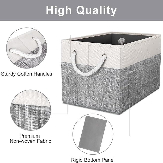 Fab totes Storage Bins 3-Pack, Foldable Storage Baskets for Organizing Toys, Books, Shelves, Closet, Large Storage Box with Rope Handles, Sturdy Organizer Bins, White & Grey