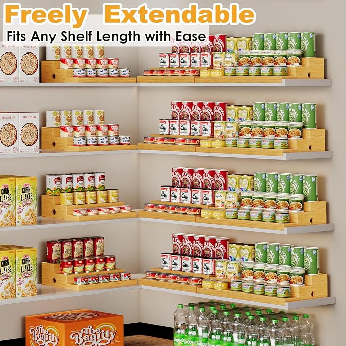 Extra-Long Bamboo Can Rack, 3-Tier Pantry Organizer, Holds 45 Cans | Designed for larger pantries, this extra-long organizer stores up to 45 standard cans while keeping every can visible.