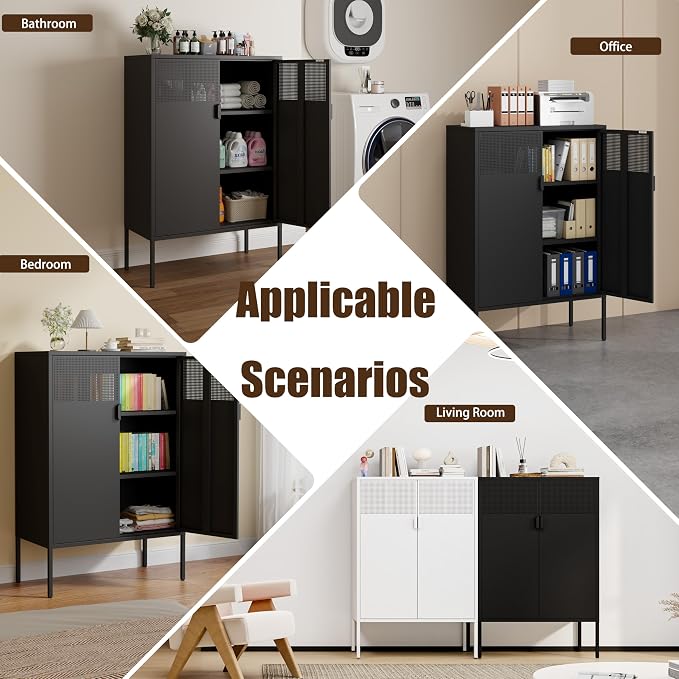 3-Tier Metal Storage Cabinet with 2 Adjustable Shelves & Mesh Doors | Metal Locker Accent Cabinet with Legs, Black Storage Cabinets, Metal TV Stand Cabinet for Home Office, Entryway & Hallway
