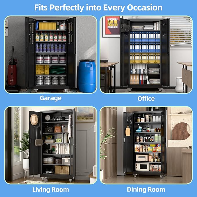 Aobabo Black Metal Garage Storage Cabinet with Wheels, 34"W x 18"D x 71"H | 5 adjustable shelves hold up to 170 lb each; 4 lockable casters and lockable doors organize tools and supplies.