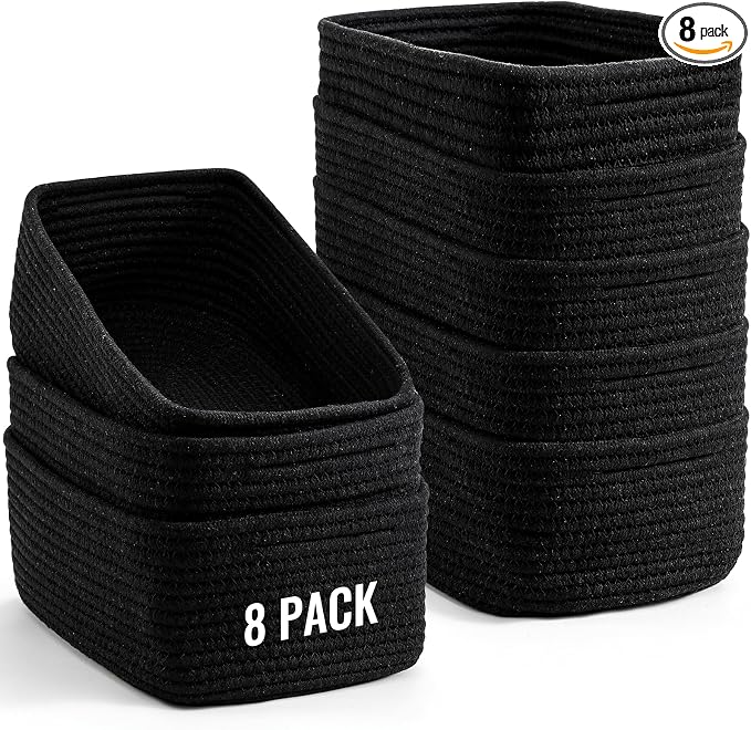 8 Pack Small Storage Baskets for Organizing, Woven Rope Bins for Bathroom, Closet, Shelf Organizer, Cute Cube Decorative Box for Towels, Baby Nursery, Toys, Gift Empty Baskets - 11.5"x7.5"x4.7"-Black