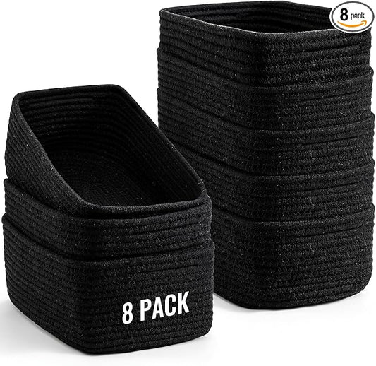8 Pack Small Storage Baskets for Organizing, Woven Rope Bins for Bathroom, Closet, Shelf Organizer, Cute Cube Decorative Box for Towels, Baby Nursery, Toys, Gift Empty Baskets - 11.5"x7.5"x4.7"-Black