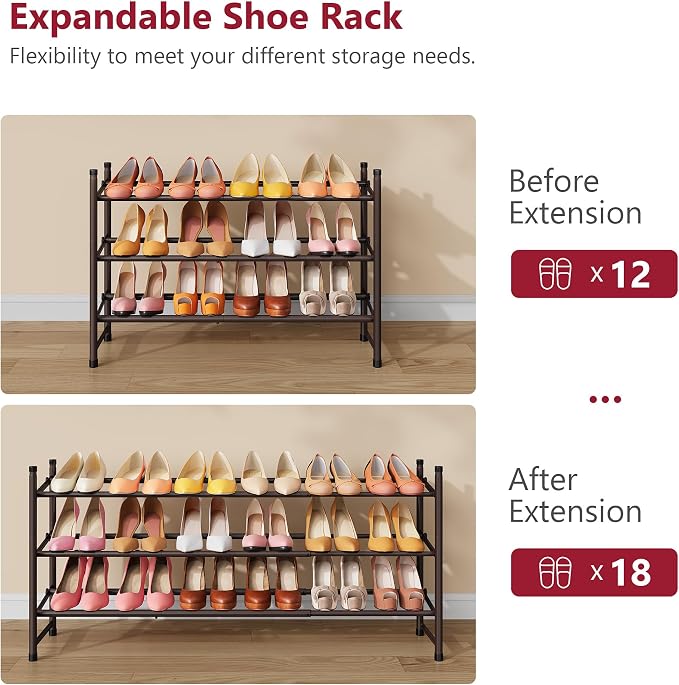 Expandable Shoe Rack for Closet 3 Tier, 28“-41“Stackable, Bronze | Adjustable Shoe Organizer Closet Shoe Rack Floor, Metal Long Shoe Shelf Storage for Entryway, Garage, Front Door Entrance