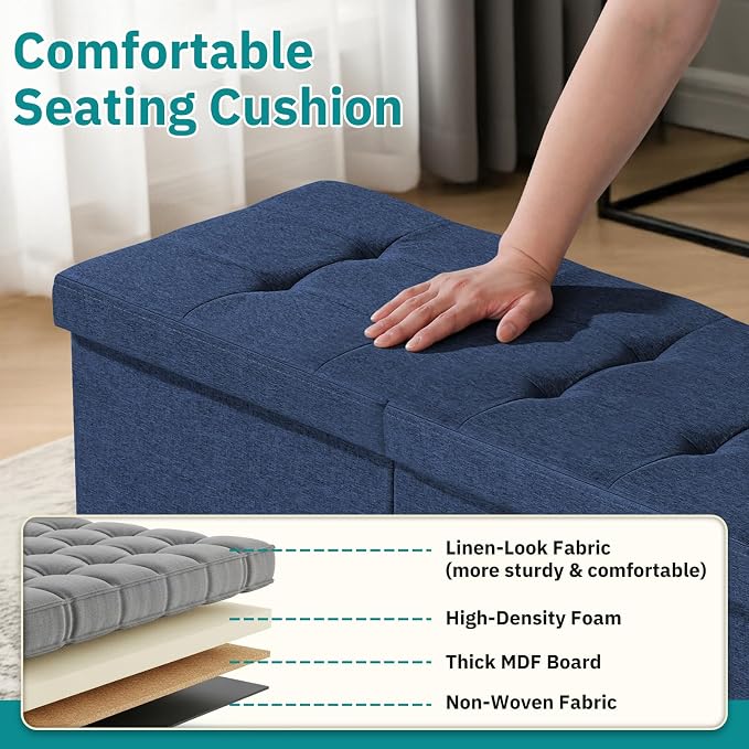 30-INCH Ottoman with Storage, Footrest Storage Bench, End of Bed Bench Coffee Table for Living Room, Bedroom, Entryway (Blue)