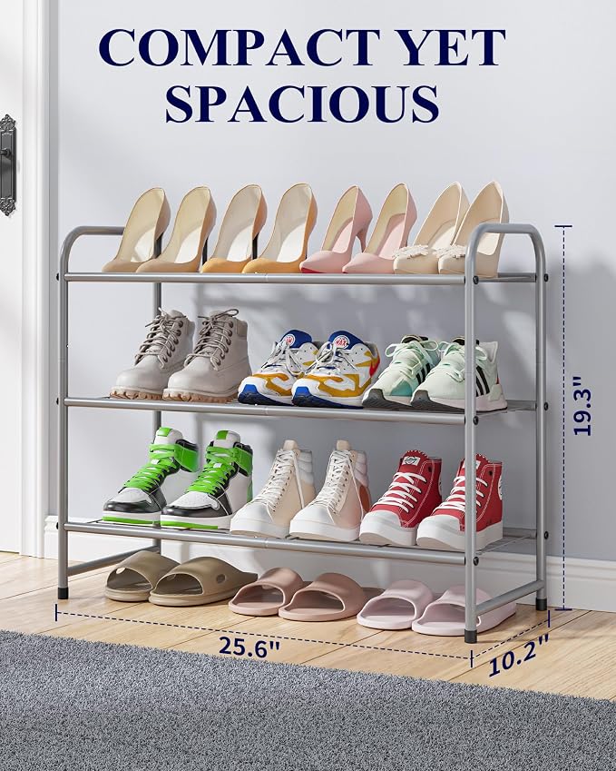 Kitsure Shoe Rack - Stainless Steel Shoe Organizer, Sturdy Shoe Rack for Closet and Front Door Entrance, Free Standing Shoe Shelf, Closet Organizers and Storage, 25.6" Wide - 3 Tier, Grey | Sturdy Shoe Rack for Closet and Entryway, Free Standing Shoe S...