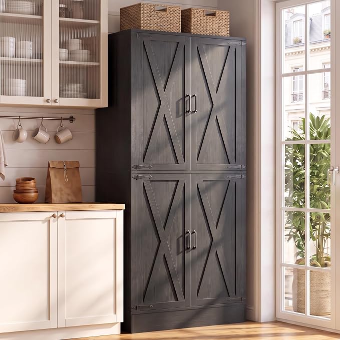 Unikito 71" Tall Kitchen Pantry Storage Cabinet with Built-in Drawer | 31.5" Wide Wood Farmhouse Storage Cabinet with Barn Doors and 3 Shelves, for Home Kitchen,Dining/Living/Laundry/Room