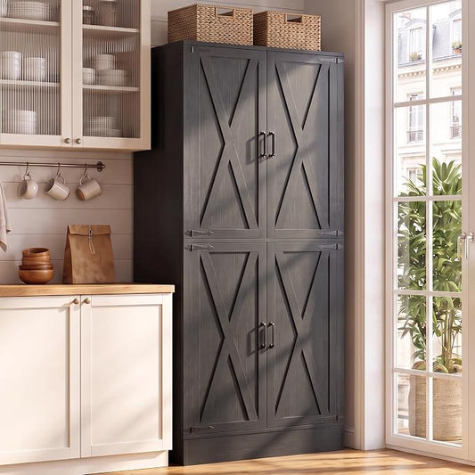 Unikito 71" Tall Kitchen Pantry Storage Cabinet with Built-in Drawer | 31.5" Wide Wood Farmhouse Storage Cabinet with Barn Doors and 3 Shelves, for Home Kitchen,Dining/Living/Laundry/Room
