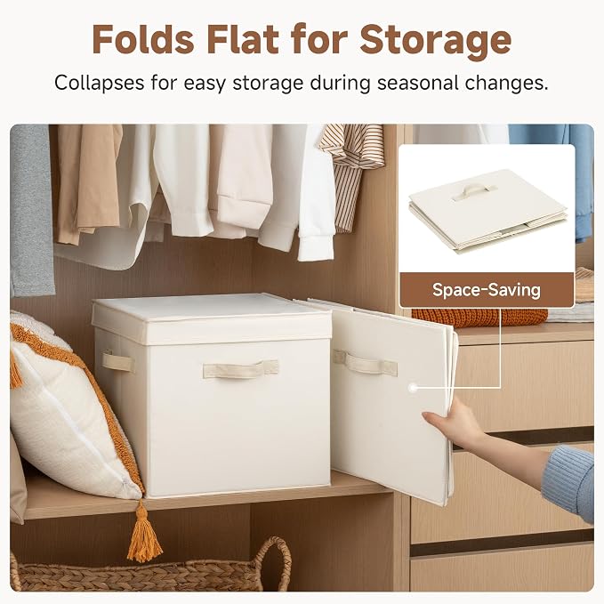 StorageWorks Storage Bins with Lid, Decorative Fabric Storage Bins with Handles, Stackable Closet Organizers for Shelves and Bedroom, Large, Beige(Cotton Linen), 2-Pack