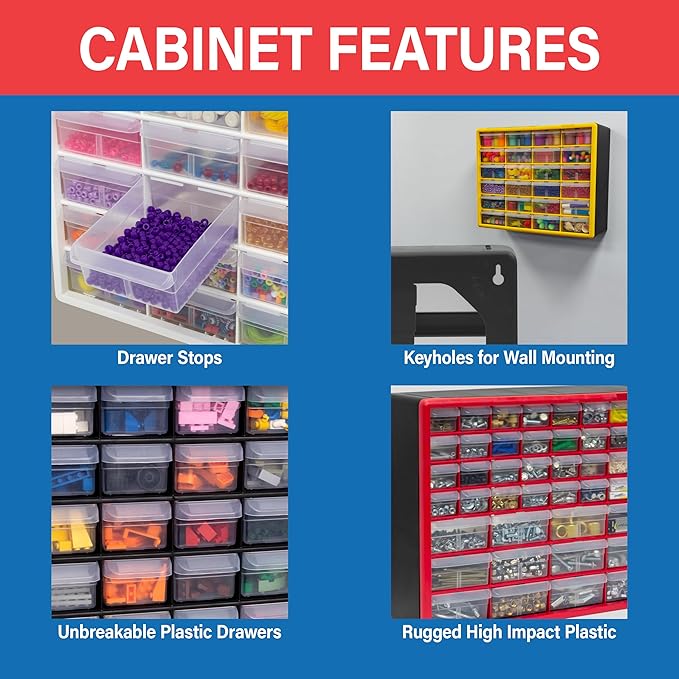 Akro-Mils 64-Drawer Plastic Storage Cabinet, 20" W x 6" D x 16" H, Red | Plastic Cabinet w/ Drawers for Garage Organization, Beads, Building Bricks Storage, Teacher Toolbox, Makeup Organizer, 10164