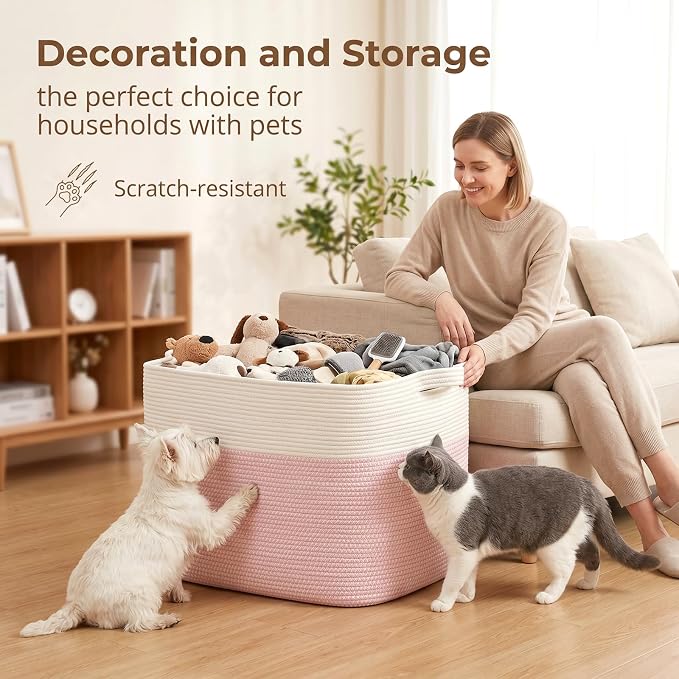 OIASKET 108L Cotton Rope Storage Basket for Living Room and Bedroom 25"x16"x16" Woven Laundry Basket, Heavy Duty Bin for Blankets, Pillows & Toys, Pet-Safe & Scratch-Free, Pink and White