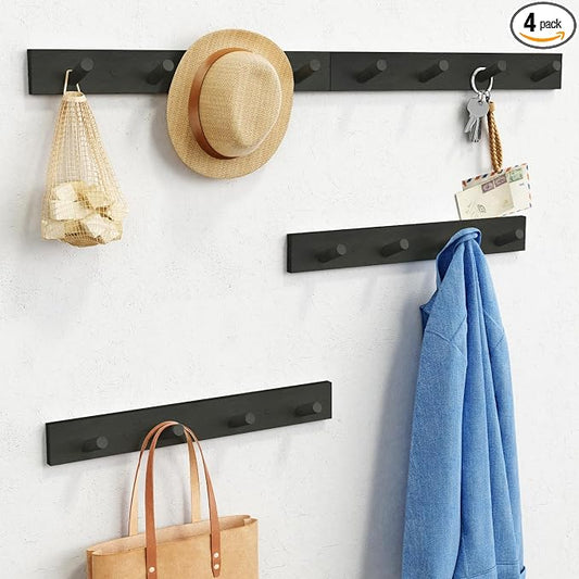 Forbena Black Coat Rack Wall Mount 4-Pack, Rustic Farmhouse Coat Hooks for Wall, Vertical Hanging Hat Rack for Office, Bedroom, Closet, Small Spaces, Kids Room Clothes, Entryway Shoes - 16 Pegs