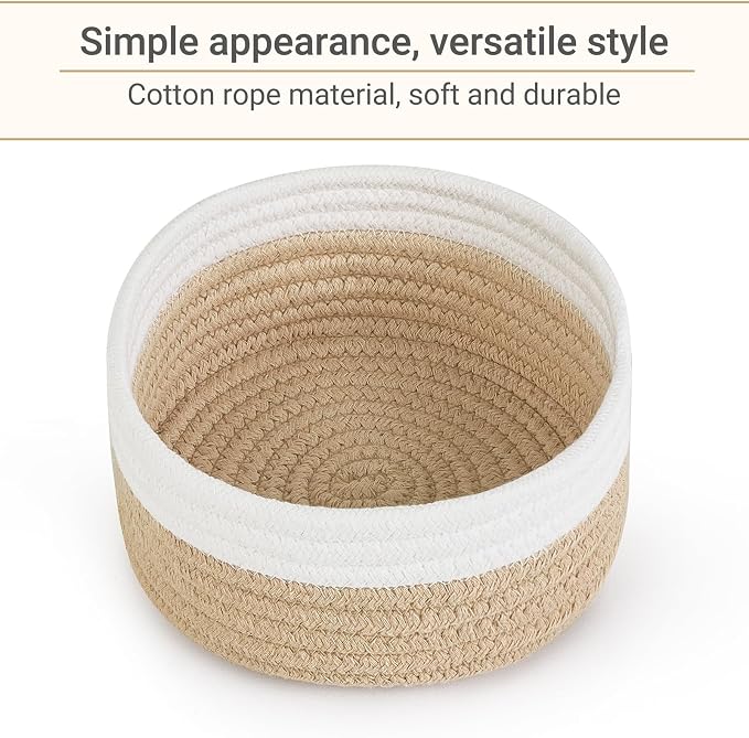 Dahey 4 Pcs Small Woven Storage Gift Baskets, 7.09"W x 3.15"H White & Beige | Soft Odor-Free Cotton Rope, Open-Top, Tiny Round Basket, Multi-Use Organizing, Holds Cosmetics Keys for Bathroom Home Shelves