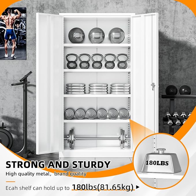 INTERGREAT White Metal Storage Cabinet Doors, 72" Locking Steel Storage Cabinet with Shelves, Tall Metal Cabinet Lockable Steel Cabinets for Home Office, Garage