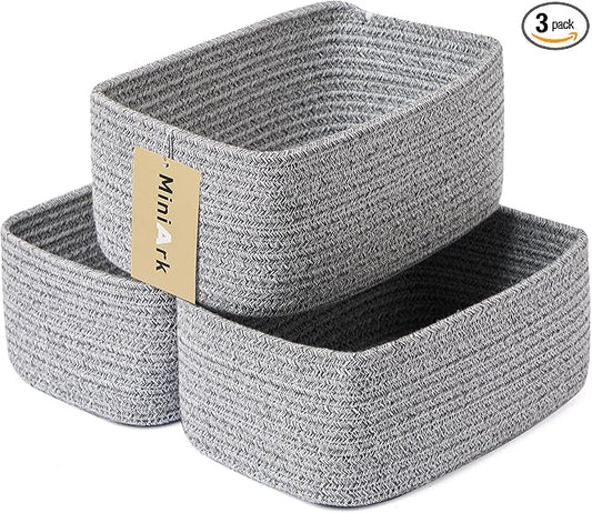 MiniArk Small Storage Baskets for Organizing | Closet Organizer Bins | Shelf Toy Basket | Woven Rope Baskets | Cube Decorative Box | Shallow Basket | 11.5x7.5x4.7” | 3 Packs Mixed Grey