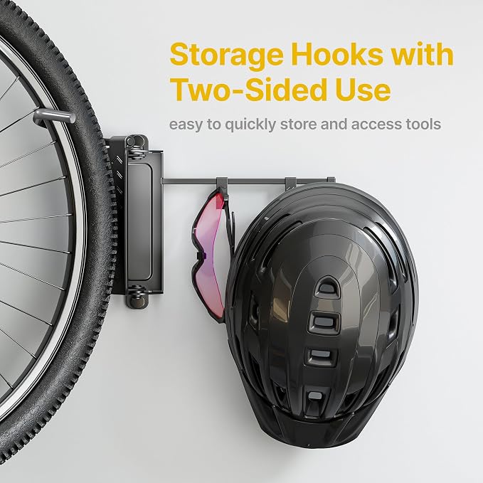 monTEK Swivel Bike Wall Mount with 2 Storage Hooks, Bike Hanger for Garage | Heavy-duty vertical bike storage rack holds 77 lb and swivels to save space; stores bike gear; fits tires up to 3.54 in wide