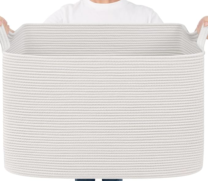 Goodpick 105L Extra Large Woven Blanket Basket, Cotton Rope, White | 25 x 16 x 16 in, Rectangle, Living Room, Bedroom & Nursery Organization, Blankets, Clothes & Toys Storage