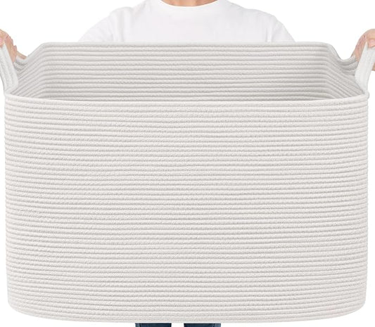 Goodpick 105L Extra Large Woven Blanket Basket, Cotton Rope, White | 25 x 16 x 16 in, Rectangle, Living Room, Bedroom & Nursery Organization, Blankets, Clothes & Toys Storage