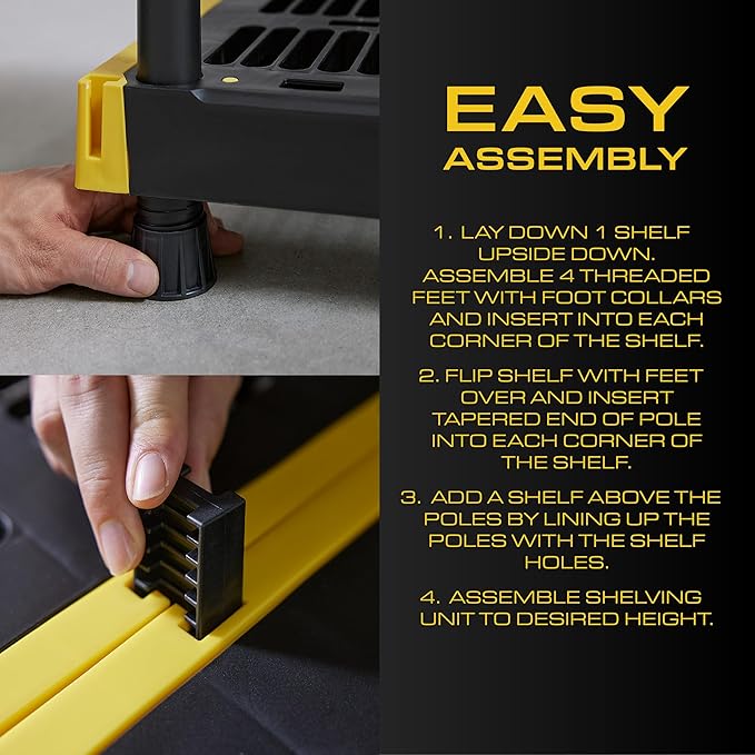 CX Black & Yellow, 4-Tier Heavy Duty Plastic Storage Shelves that Support up to 200lbs/shelf, Organization and Storage, Weather-Resistant Design, Easy Assembly (55" H x 48" W x 20" D) | Freestanding garage utility rack with easy assembly, 4 shelves at ...